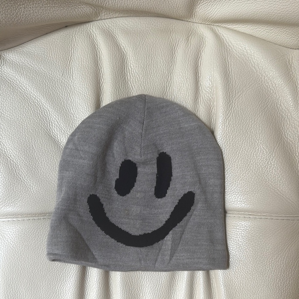 Gray Beanie with Black Smiley Design